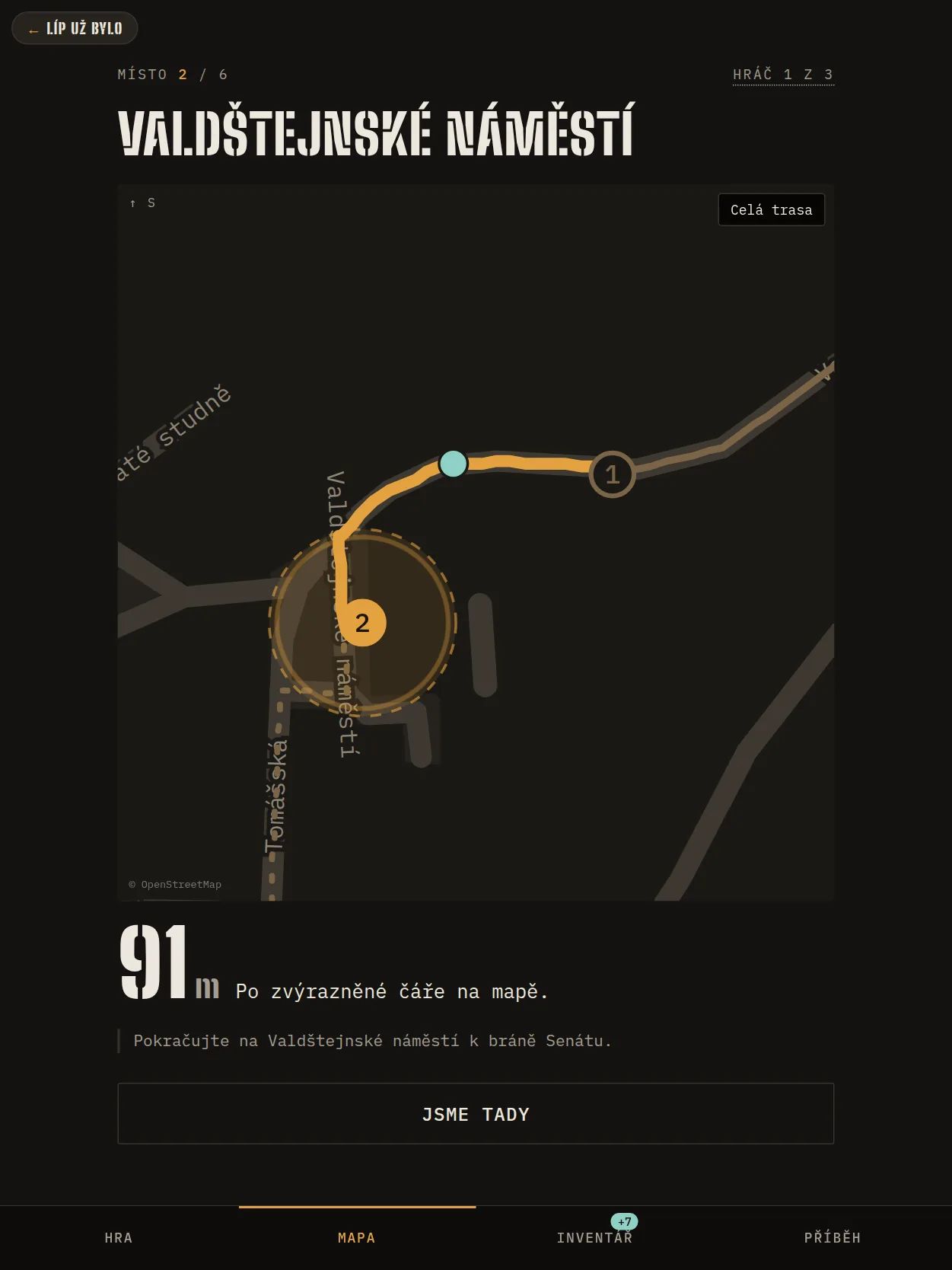 Hra na tabletu: mapa s trasou na Valdštejnské náměstí