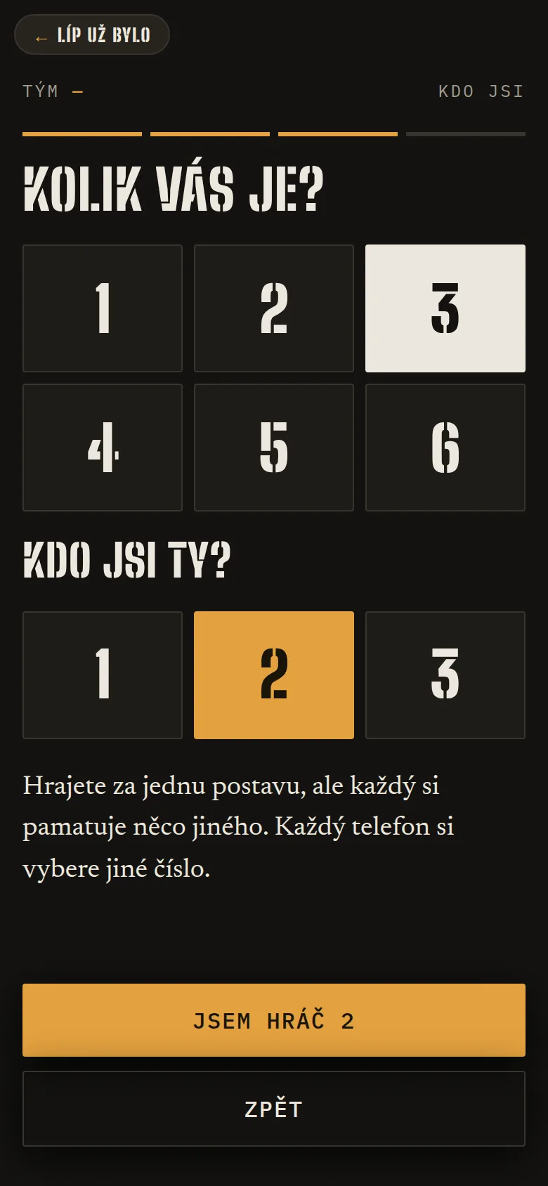 Hra v telefonu: výběr počtu hráčů a čísla hráče